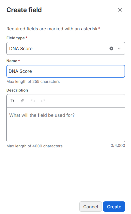 Jira Create field panel with Field type set to DNA Score and Name set to DNA Score.