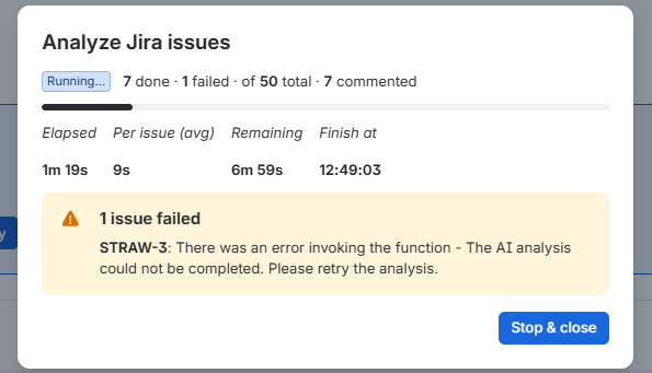 Analyze Jira issues dialog showing 7 done, 1 failed of 50, with the error: There was an error invoking the function – The AI analysis could not be completed. Please retry the analysis.